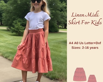Tiered Midi Linen Skirt For Girls Sewing Pattern, Linen Skirt For Girls, Kid's Skirt Pattern, Summer Skirt pattern for kids, 2-16 years