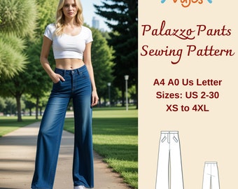 Patrón de costura para pantalones palazzo: pantalones de pierna ancha, tallas XS-4XL (descarga digital)
