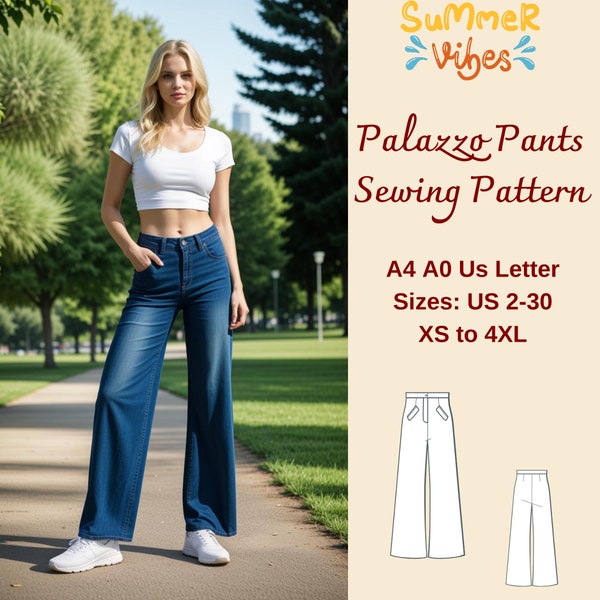 Palazzo Summer Pants Sewing Pattern, Pants Trousers Sewing Pattern, Loose Fit Jeans, Wide Leg Jeans, Wide Leg Trouser, Palazzo Jeans, XS-4XL