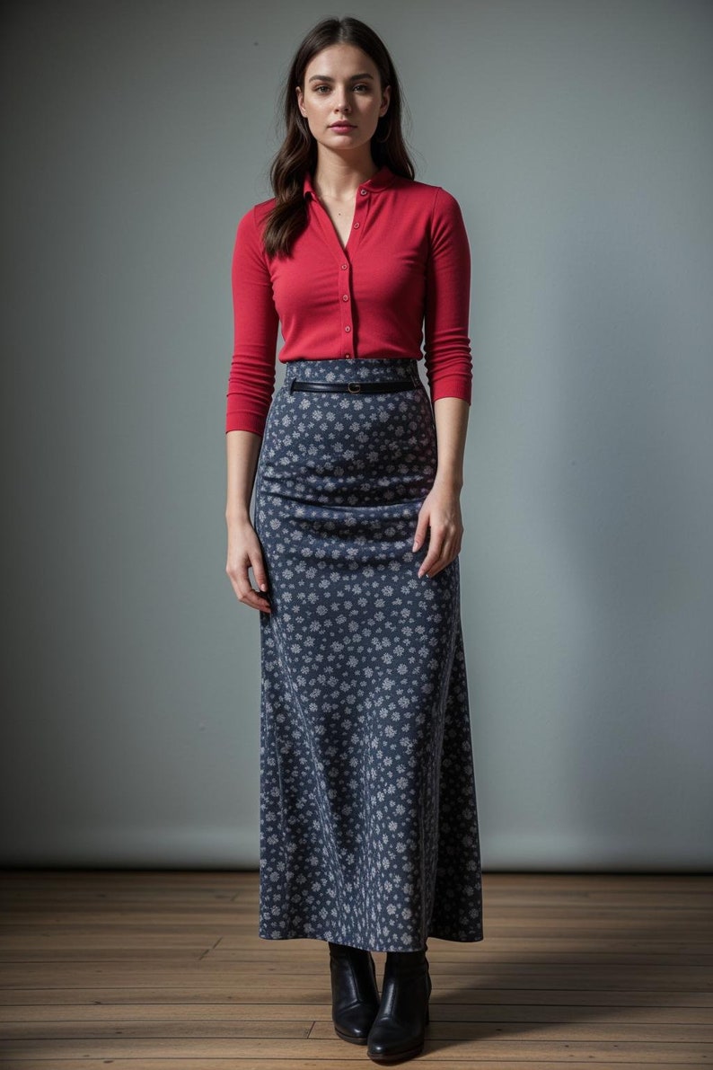 May include: A woman wearing a red long-sleeved shirt and a long, gray floral skirt with a black belt. She is wearing black ankle boots.