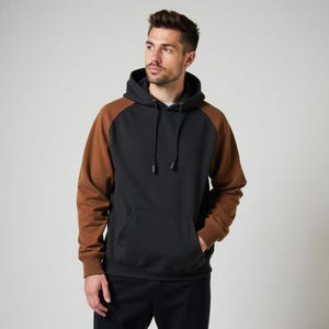 May include: A black hooded sweatshirt with brown sleeves. The sweatshirt has a kangaroo pocket and a drawstring hood.