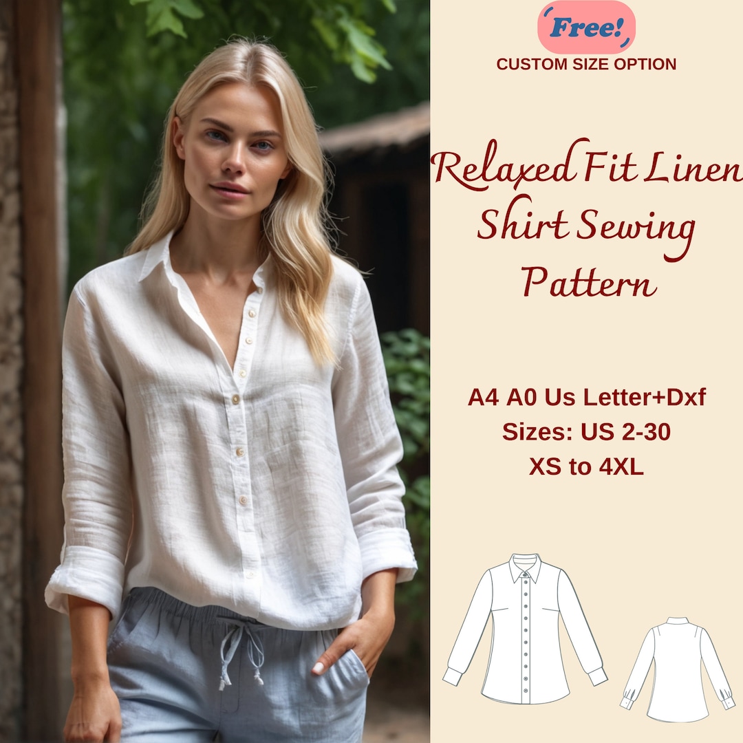 Women Relaxed Fit Linen Shirt Sewing Pattern, Boho Linen Blouse, Linen ...