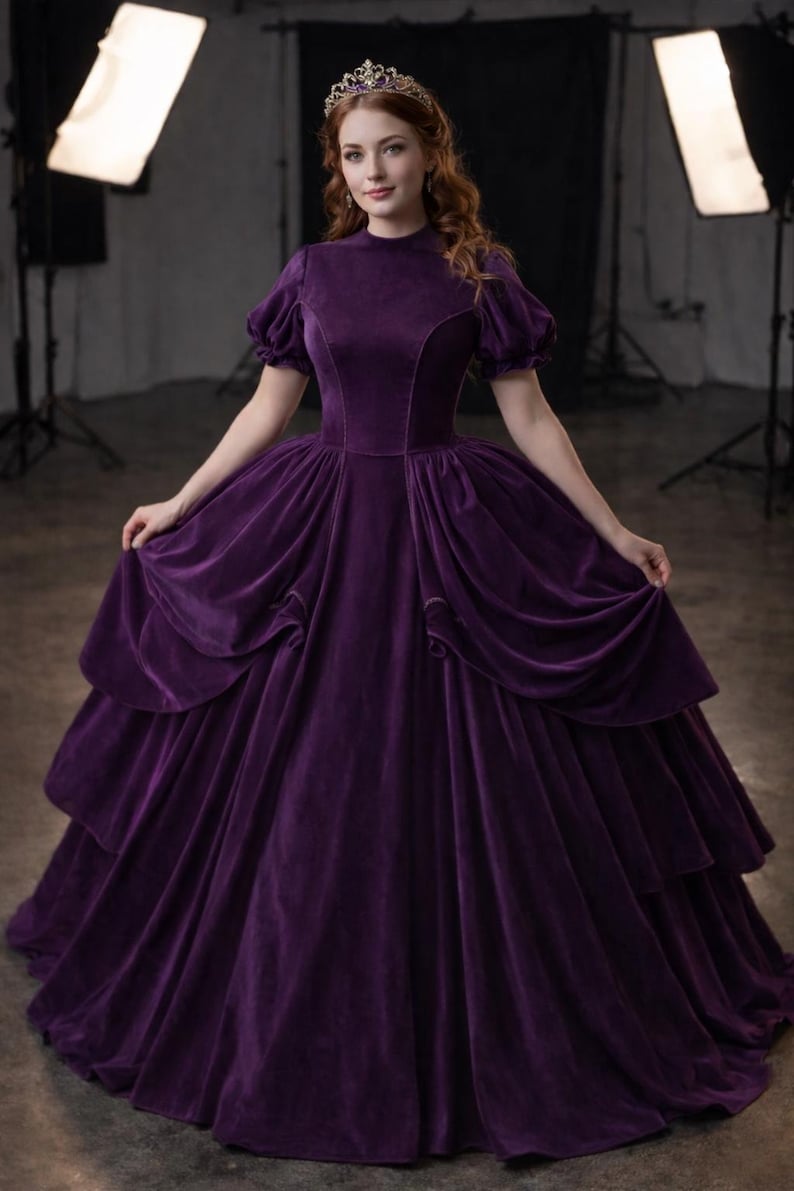 Puede incluir: Un vestido largo de terciopelo morado con cuello alto y mangas cortas abullonadas. El vestido presenta una falda en capas y lo lleva una persona que lleva una corona de joyas. El fondo es un estudio con equipo de iluminaci&oacute;n.