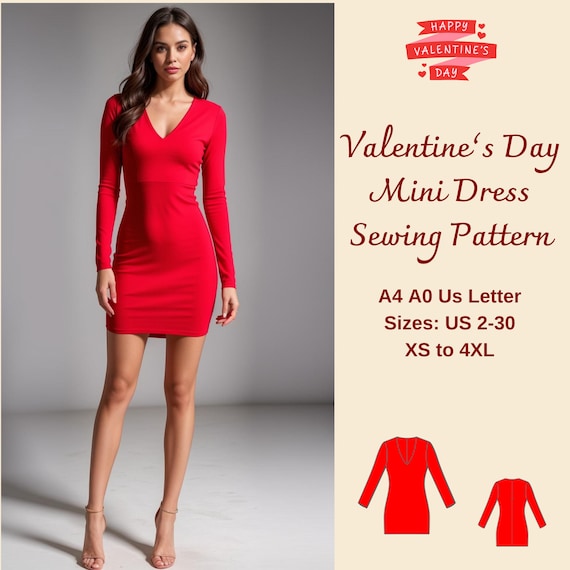V-neck Bodycon Mini Dress Sewing Pattern: XS-4XL (PDF Pattern)