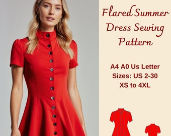 Mönster för utsvängd miniklänning, puffärm, XS-4XL (PDF-mönster)