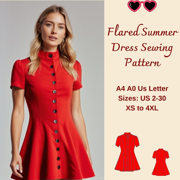 Button Down Flared Mini Dress Sewing Pattern, Stand Up Collar, Mandarin Neck Dress, 1950's Audrey Style Dress, Puff Sleeve Dress, XS-4XL
