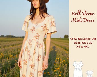 Cottagecore Bell Sleeve Midi Dress Sewing Pattern (XS-4XL) (Digital Download)