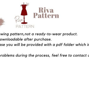 Puede incluir: Un patr&oacute;n de costura digital para un vestido, con el texto "Por favor, tenga en cuenta:" y una lista de instrucciones. El texto dice: "Este es un patr&oacute;n de costura digital, no un producto listo para usar. Los patrones se podr&aacute;n descargar despu&eacute;s de la compra. Despu&eacute;s de su compra, se le proporcionar&aacute; una carpeta pdf que incluye las instrucciones necesarias. Si tiene alg&uacute;n problema durante el proceso, no dude en ponerse en contacto con nosotros!"