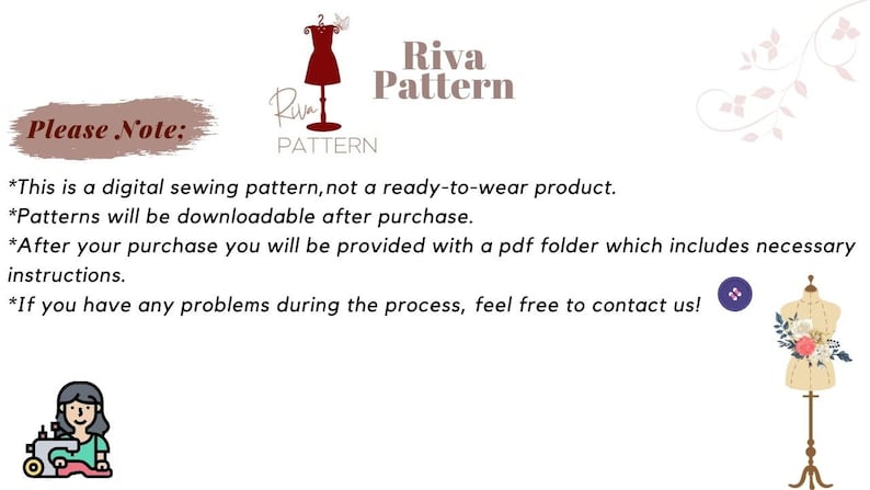 Puede incluir: Un patr&oacute;n de costura digital para un vestido, con el texto "Por favor, tenga en cuenta:" y una lista de instrucciones. El texto dice: "Este es un patr&oacute;n de costura digital, no un producto listo para usar. Los patrones se podr&aacute;n descargar despu&eacute;s de la compra. Despu&eacute;s de su compra, se le proporcionar&aacute; una carpeta pdf que incluye las instrucciones necesarias. Si tiene alg&uacute;n problema durante el proceso, no dude en ponerse en contacto con nosotros!"