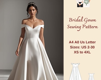 Off Shoulder Bridal Gown Sewing Pattern, Heart Neck Bridal Gown, Cocktail Dress Pattern, Fairy Dress pattern, Evening Gown, XS-4XL