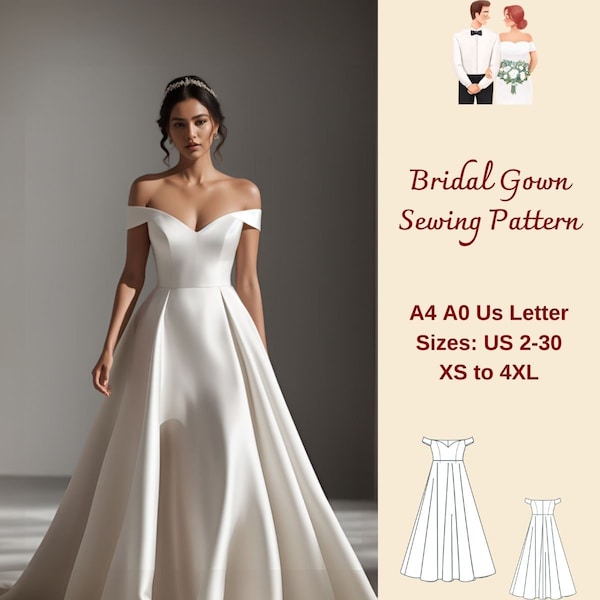 Off Shoulder Bridal Gown Sewing Pattern, Heart Neck Bridal Gown, Cocktail Dress Pattern, Fairy Dress pattern, Evening Gown, XS-4XL