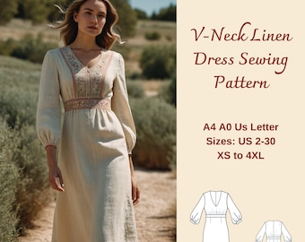 V-Neck Linen Dress Sewing Pattern, Shift Dress Pattern, Puff Sleeve Dress, Overall Dress, Boho Dress, Medieval Dress, V-Neck Dress, XS-4XL