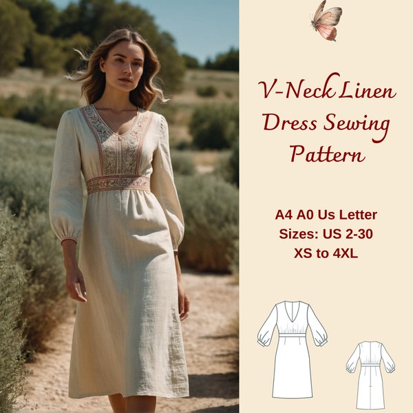 V-Neck Linen Dress Sewing Pattern, Shift Dress Pattern, Puff Sleeve Dress, Overall Dress, Boho Dress, Medieval Dress, V-Neck Dress, XS-4XL