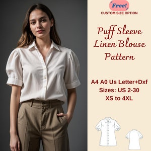 Frauen Relaxed Fit Puffärmel Leinenhemd Schnittmuster, Boho Leinenbluse, Leinenhemd, Puffärmelbluse, einfache Sommerbluse, XS-4XL