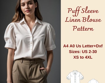Puff Sleeve Linen Blouse Sewing Pattern, Relaxed Fit (PDF Pattern)