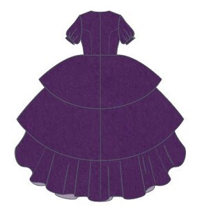 Puede incluir: Un vestido morado escalonado con mangas cortas abullonadas. El vestido presenta un corpi&ntilde;o ajustado y una falda amplia con m&uacute;ltiples capas. El dise&ntilde;o incluye l&iacute;neas de costura verticales y un dobladillo con volantes, creando una est&eacute;tica vintage o hist&oacute;rica.
