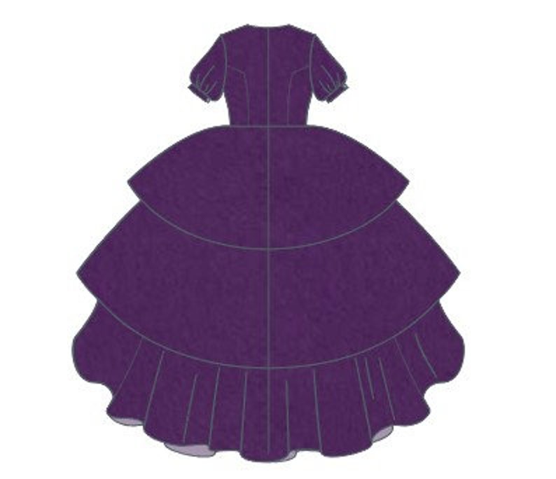 Puede incluir: Un vestido morado escalonado con mangas cortas abullonadas. El vestido presenta un corpi&ntilde;o ajustado y una falda amplia con m&uacute;ltiples capas. El dise&ntilde;o incluye l&iacute;neas de costura verticales y un dobladillo con volantes, creando una est&eacute;tica vintage o hist&oacute;rica.