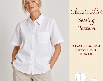 Women's Loose Fit Classic Shirt Sewing Pattern, Short Sleeve Blouse, XS-4XL