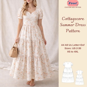May include: A woman wearing a white floral Cottagecore Summer Dress. The dress has a V-neck, short puff sleeves, and a tiered skirt. The image includes the text "Free! Custom Size Option" and "Cottagecore Summer Dress Pattern". Sizes US 2-30, XS to 4XL.