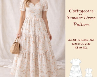 Wykrój na letnią sukienkę Cottagecore z warstwami, sukienka letnia Boho Milkmaid, XS-4XL