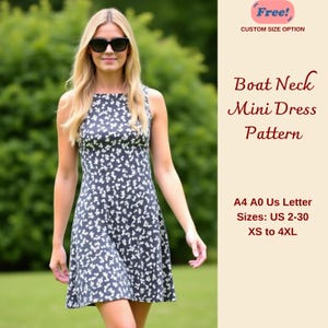 Peut inclure: Un patron imprimable pour une robe mini à col bateau. Le patron est disponible dans les tailles françaises 34-50, XS à 4XL. Le patron est disponible en format A4, A0 et lettre US.