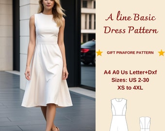 A line Basic Dress Sewing Pattern, Casual Dress, Gift Pattern, Sundress Pattern, Summer Dress, Easy Dress PDF Pattern Beginner, XS-4XL