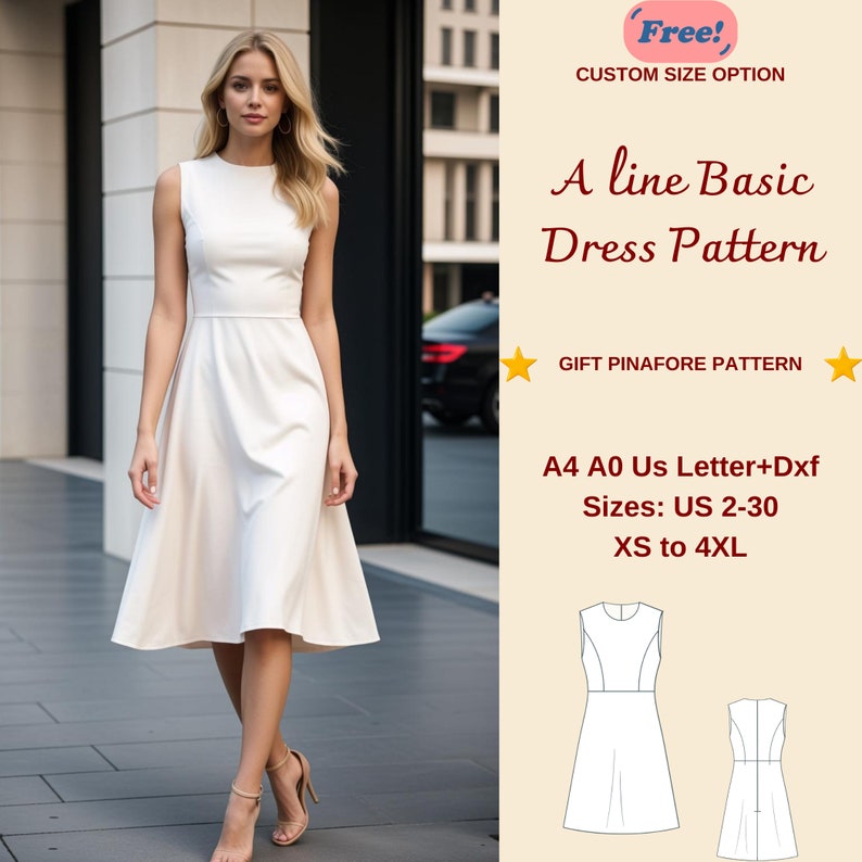 A line Basic Dress Sewing Pattern, Casual Dress, Gift Pattern, Sundress Pattern, Summer Dress, Easy Dress PDF Pattern Beginner, XS-4XL