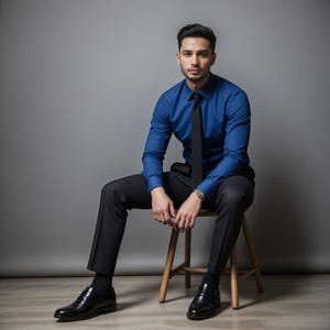 May include: A man in a blue dress shirt and black tie, seated on a wooden chair. He wears black dress pants and black leather shoes. A silver watch is on his wrist. The background is a solid gray.