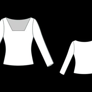 May include: White long-sleeved top with a square neckline, shown in two views. The garment has a fitted silhouette and long sleeves. The neckline is a contrasting gray color. The second view shows the back of the top.