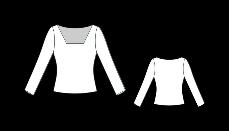 May include: White long-sleeved top with a square neckline, shown in two views. The garment has a fitted silhouette and long sleeves. The neckline is a contrasting gray color. The second view shows the back of the top.