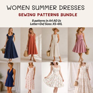 Könnte beinhalten: Ein Näh-Schnittmuster-Paket für Sommerkleider mit dem Text WOMEN SUMMER DRESSES SEWING PATTERNS BUNDLE 8 patterns in A4 A0 Us Letter+Dxf Sizes: XS-4XL. Das Bild zeigt acht verschiedene Kleidungsstile in unterschiedlichen Farben.