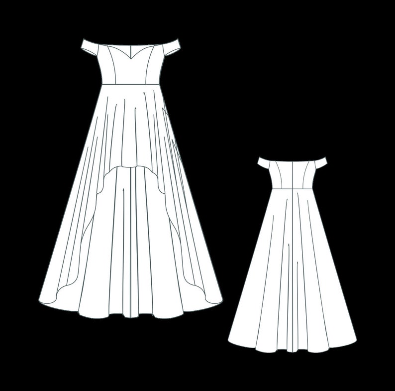 May include: A white off-the-shoulder dress with a high-low hemline. The dress has a fitted bodice and a flowing skirt. The dress is shown in both front and back views.
