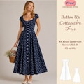 Cottagecore Button Front Dress Sewing Pattern, Vintage Midi Summer Dress, Scoop Neck, XS-4XL