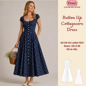 May include: A navy blue midi dress with a white floral pattern, short sleeves, a scoop neckline, and a front button-up closure. The text reads: Free! CUSTOM SIZE OPTION, Button Up Cottagecore Dress, A4 A0 Us Letter+Dxf, Sizes: US 2-30, XS to 4XL.