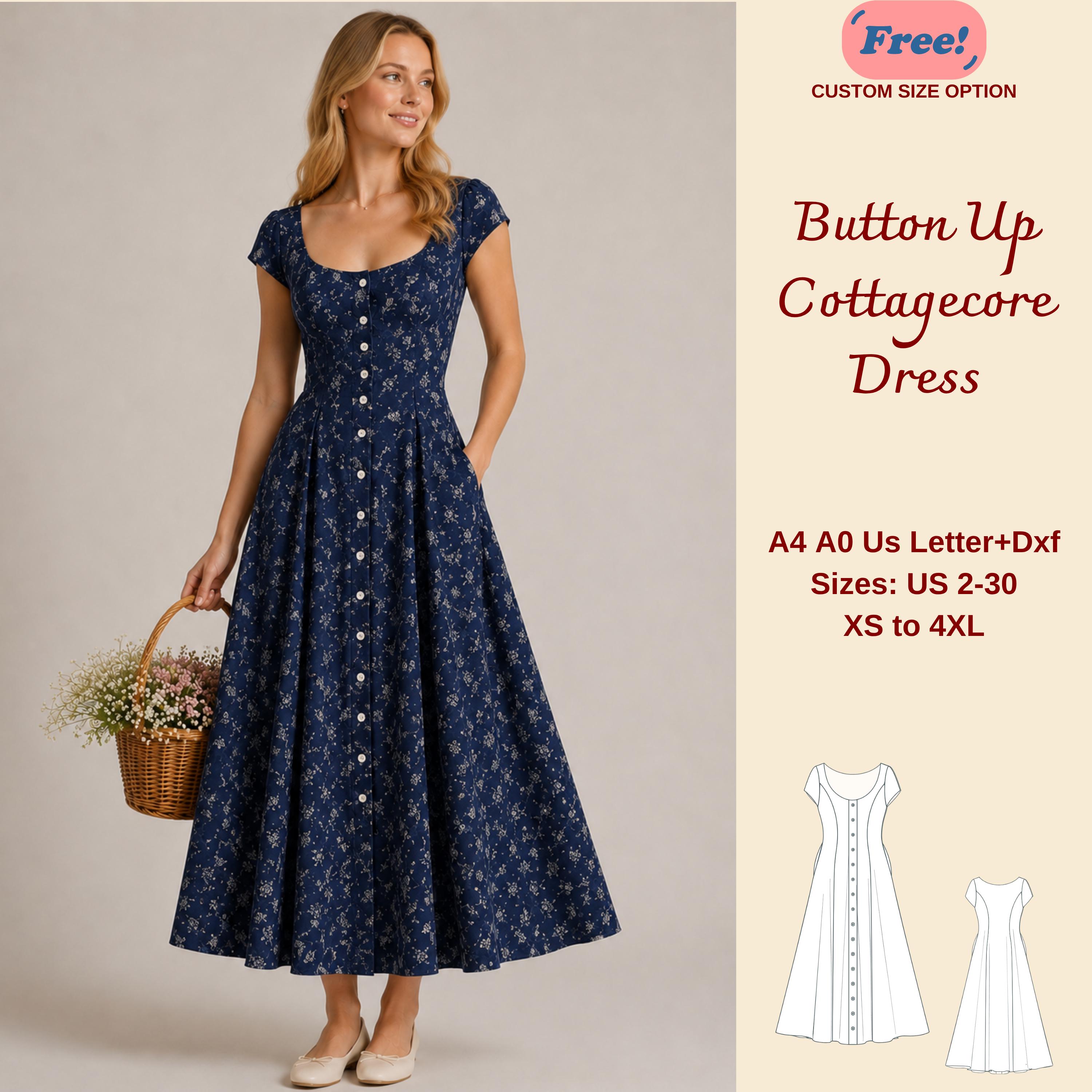 Cottagecore Button Front Dress Sewing Pattern, Vintage Midi Summer Dress, Scoop Neck, XS-4XL