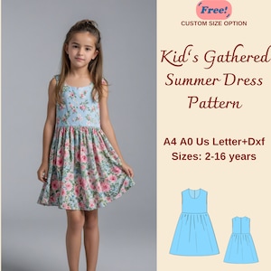 Kid's Gathered Summer Dress Sewing Pattern, Sleeveless Girl Dress Pattern, Girl's Dress Sewing Pattern, A4 A0 US DXF, 2-16 years