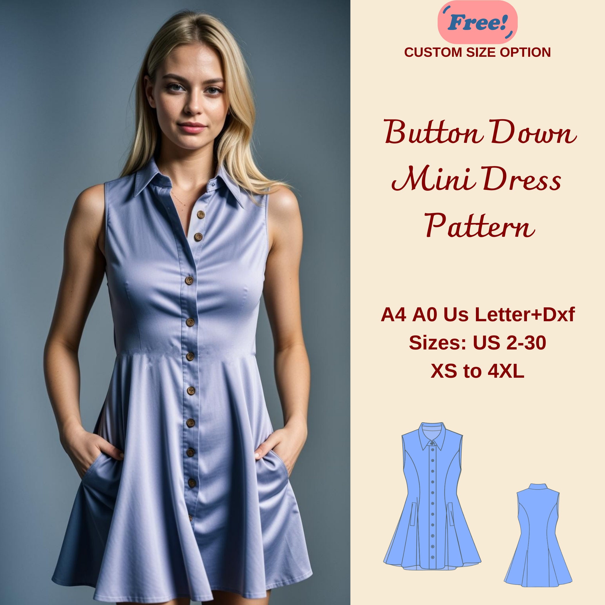 Button Down Mini Dress Sewing Pattern: Flared Sleeveless Design (PDF Pattern) - Etsy Button Down Mini Dress Sewing Pattern: Flared Sleeveless Design (PDF Pattern) - Etsy