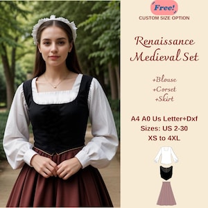 Renaissance Medieval Cosplay Dress Set Sewing Pattern, Renaissance Midi Skirt, Blouse and Corset Set, Regency, Victorian Dress Set, XS-4XL