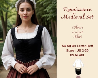 Renaissance Medieval Cosplay Dress Set Sewing Pattern, Renaissance Midi Skirt, Blouse and Corset Set, Regency, Victorian Dress Set, XS-4XL