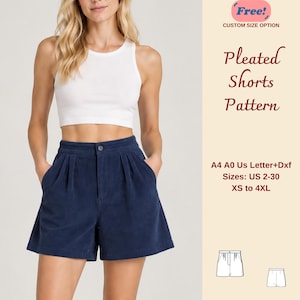 Può includere: Un cartamodello per pantaloncini a pieghe in tessuto di velluto a coste blu navy. Il testo recita: Free! CUSTOM SIZE OPTION, Pleated Shorts Pattern, A4 A0 Us Letter+Dxf, Sizes: US 2-30, XS to 4XL. Include due piccoli disegni tecnici del modello.