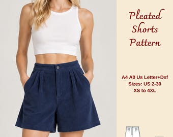 Wide Leg Pleated Shorts Sewing Pattern, Women's High Waisted Shorts, XS-4XL