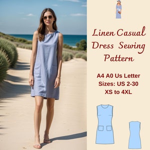 Linen Mini Dress Sewing Pattern: Sleeveless Sundress with Pockets (XS-4XL) (PDF)