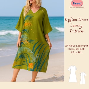 May include: A green kaftan dress with a V-neck and short sleeves, featuring a palm leaf design in shades of blue, orange, and yellow. The image includes the text "Kaftan Dress Sewing Pattern" and size options from US 2-30 and XS to 4XL.