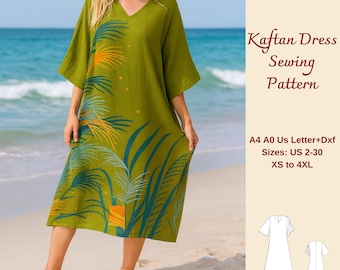 Midi Kaftan Dress Sewing Pattern, Kimono Sleeve Dress, Batwing Sleeve, Kaftan Dress Pattern, Linen Kaftan Beach Dress, XS-XL