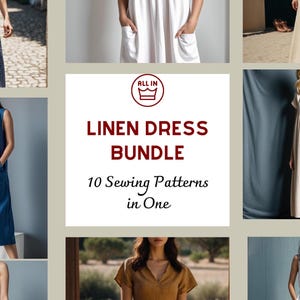 Peut inclure: Un collage d'images présentant différents styles de robes en lin. Le texte "Linen Dress Bundle" et "10 Sewing Patterns in One" est affiché au centre du collage.