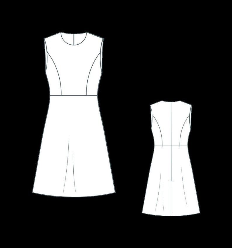 May include: A sleeveless dress with a fitted bodice and a flared skirt. The dress has a round neckline and a back zipper closure.