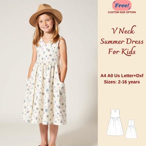 Patrón de costura de vestido midi de verano con cuello en V para niña, patrón de vestido midi para niña, patrón de vestido para bebé, tamaño carta A4 A0 (2-16 años)