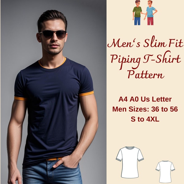 Slim Fit Herren T-Shirt Schnittmuster, Paspelierendes T-Shirt für Männer, T-Shirt Schnittmuster, Schnittmuster für Männer, Größe 36 bis 56, S bis 4 XL