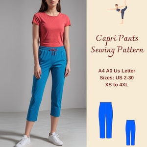 Elastic Capri Pants Sewing Pattern, Pajama Pattern, Capri Trousers Pattern, Yoga Pants Sewing Pattern, Capri Pants,, XS-4XL