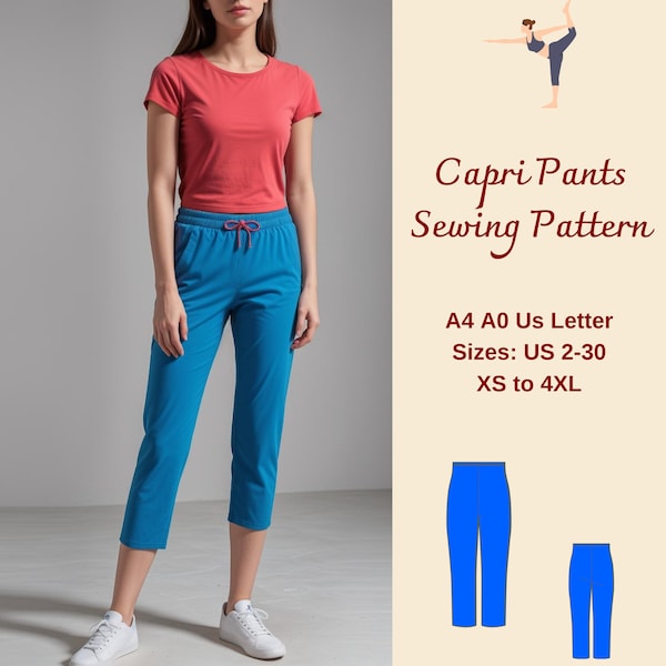Patrón de costura de pantalones capri elásticos, patrón de pijama, patrón de pantalones capri, patrón de costura de pantalones de yoga, pantalones capri, XS-4XL